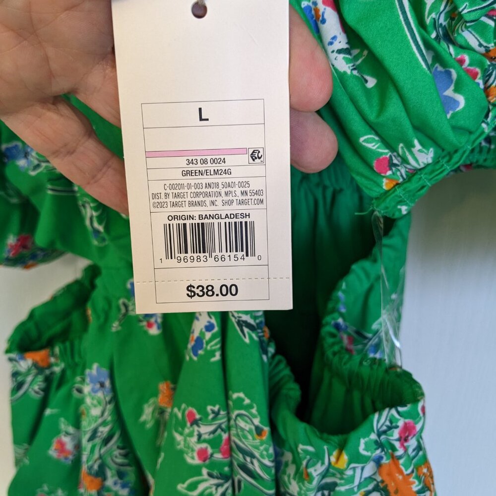 NWT Bubble Hem 100% Cotton Kelly Green Puff Sleeve Cut Out Dress - Size Large - Picture 4 of 5